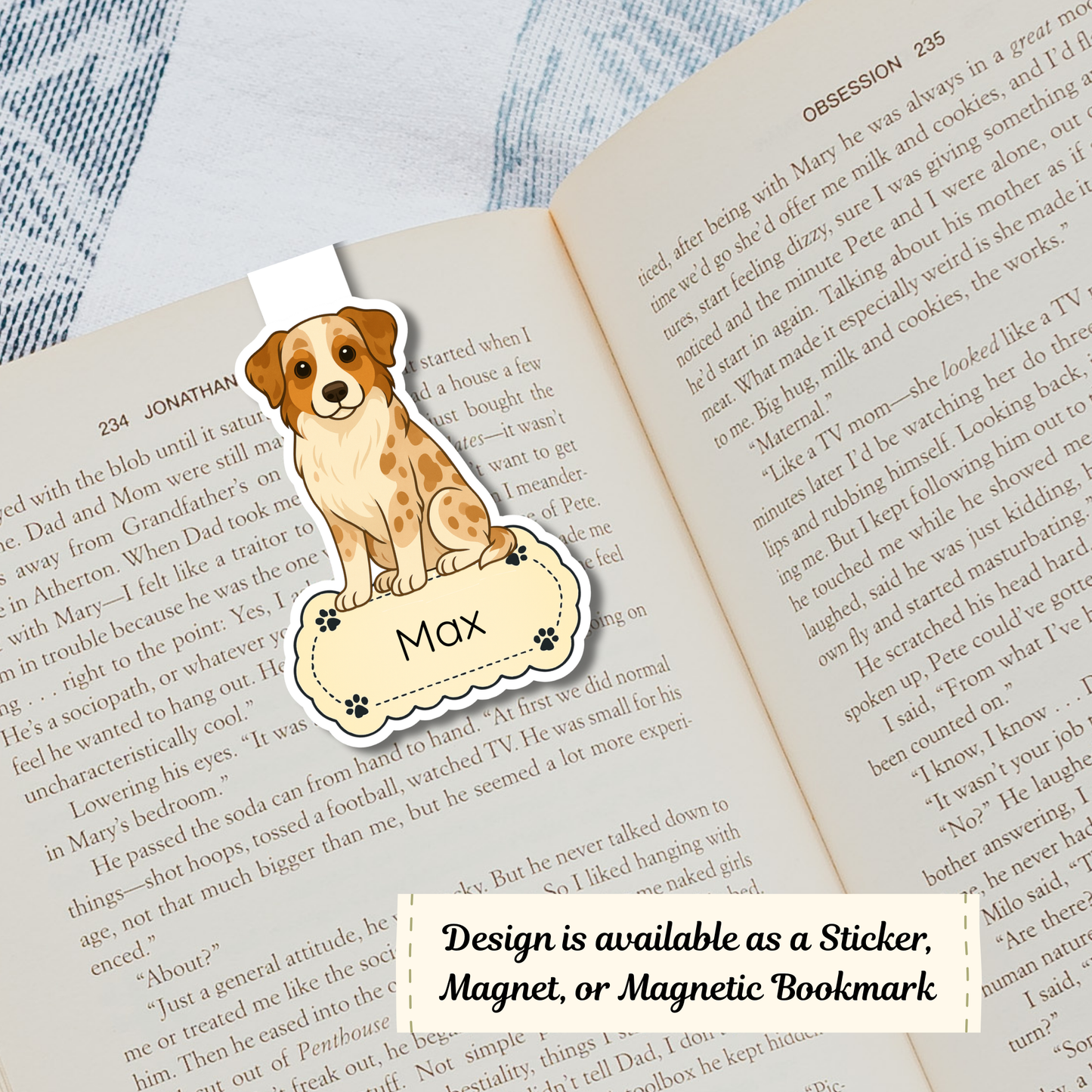 Dog-shaped name tag labeled 'Max' on an open book with text.