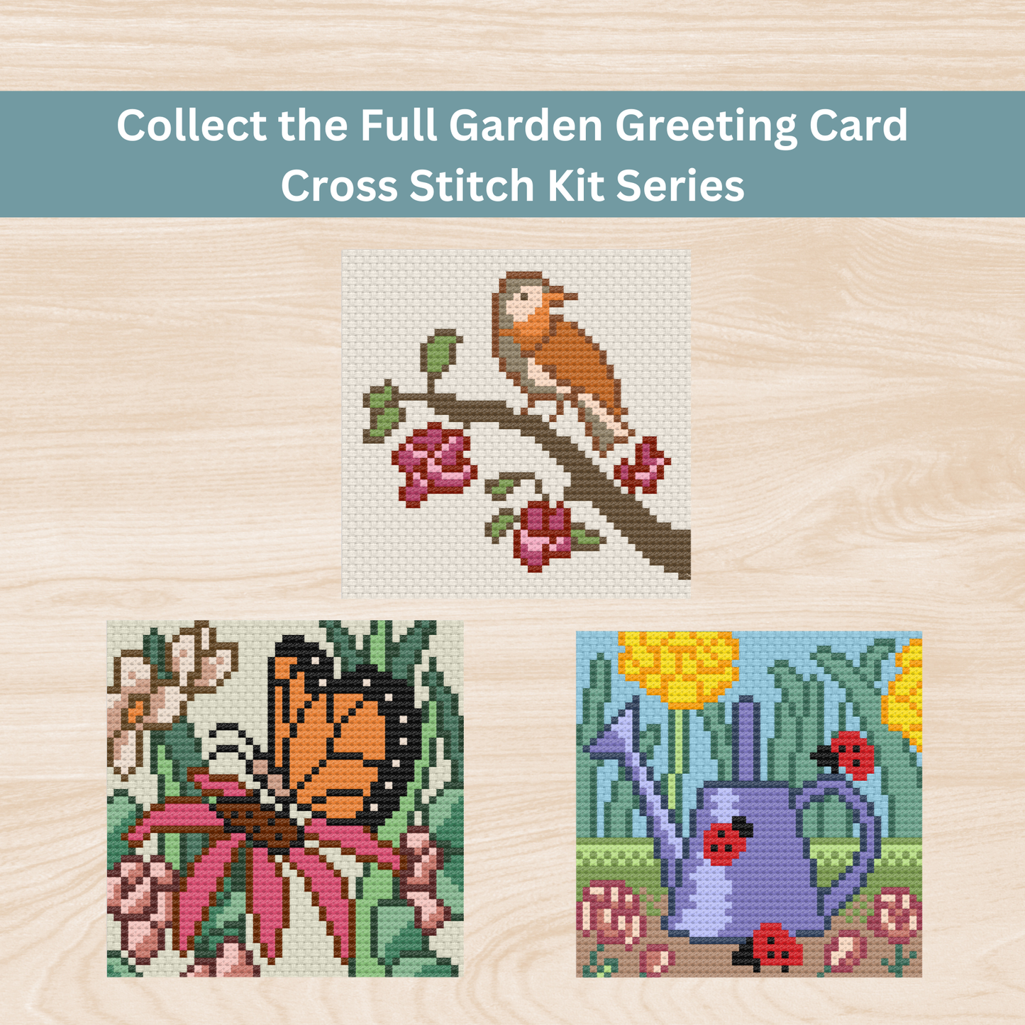 Collection of three garden-themed cross-stitch greeting card designs featuring a bird on a branch, butterfly on flowers, and watering can with ladybugs.