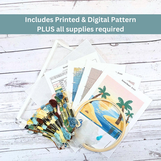 Kit de broderie au point de croix « Sunset Beach » – Projet de broderie côtière à faire soi-même