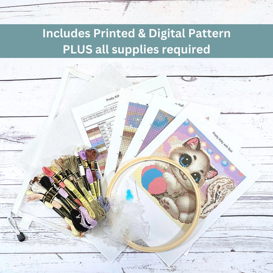 Kit de broderie au point de croix « Chaton mignon » – Kit de bricolage pour animaux de compagnie à couverture complète