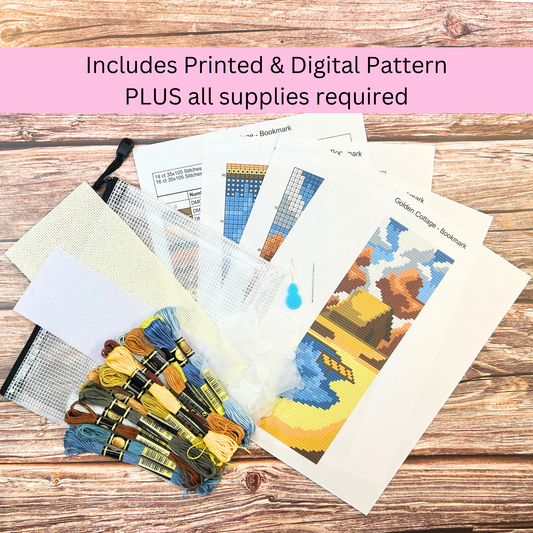 Kit marque-page Golden Cottage – Paysage au point de croix DIY