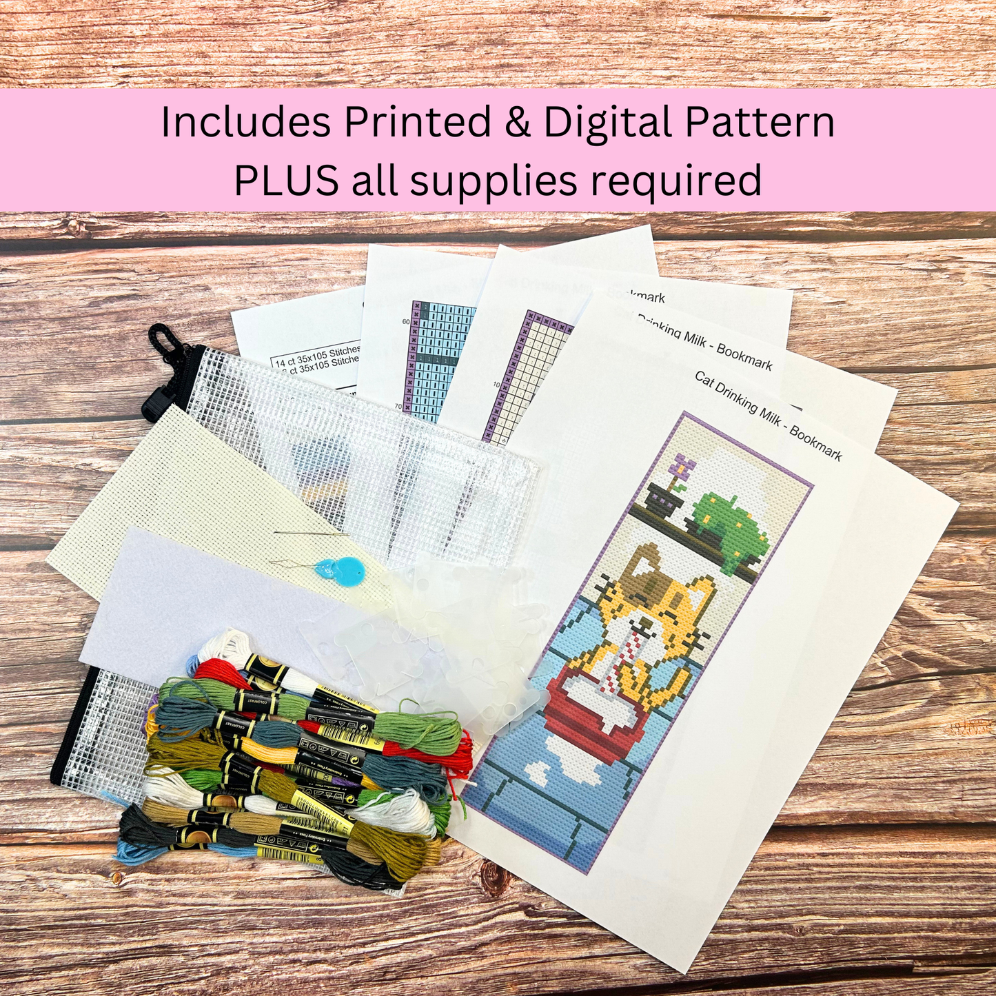 Kit de marque-pages chat buvant du lait – Cadeau de broderie DIY pour amoureux des chats