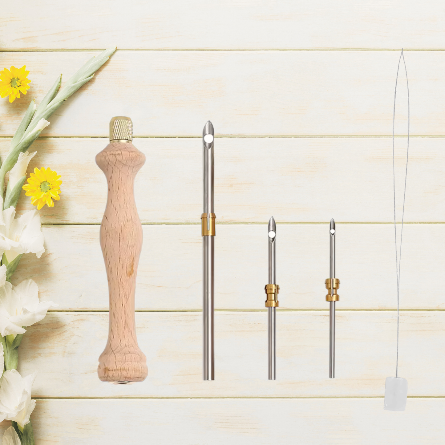 Ensemble d'aiguilles à poinçonner classiques en bois – 3 pointes d'aiguille + enfileur