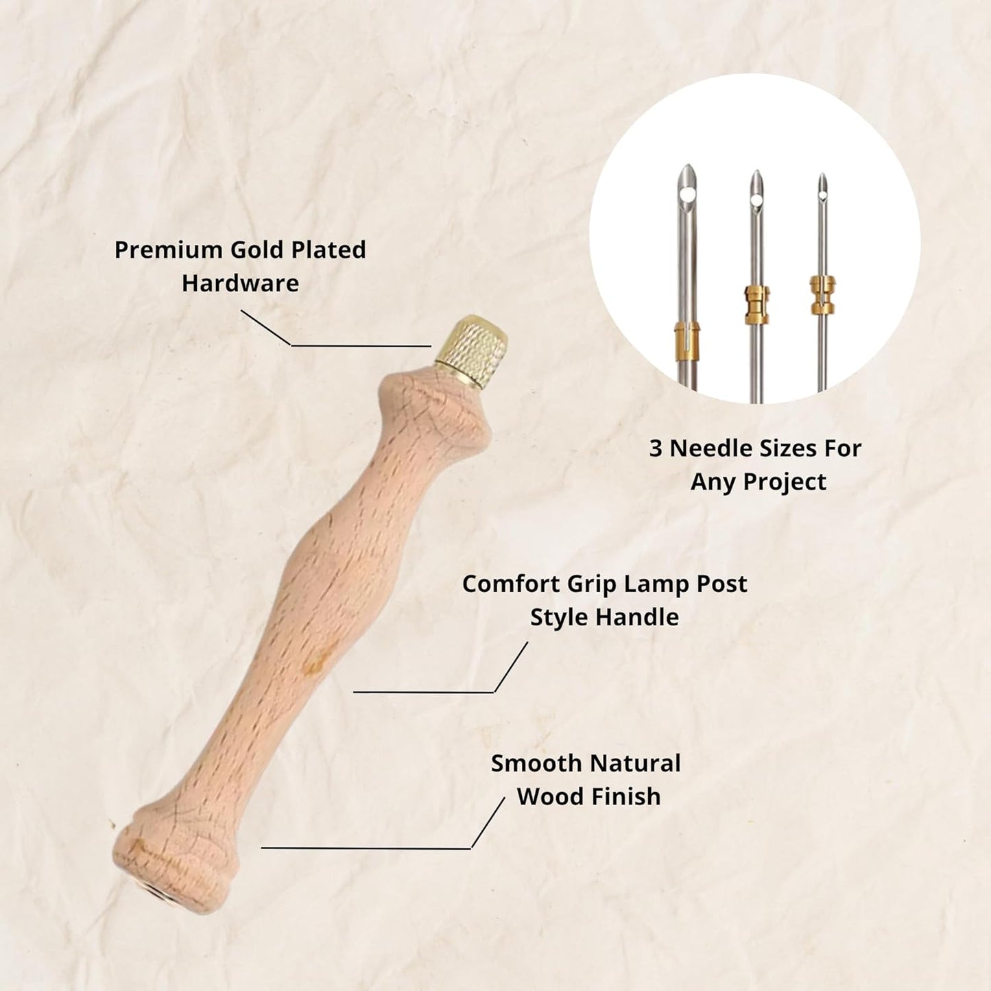 Ensemble d'aiguilles à poinçonner classiques en bois – 3 pointes d'aiguille + enfileur