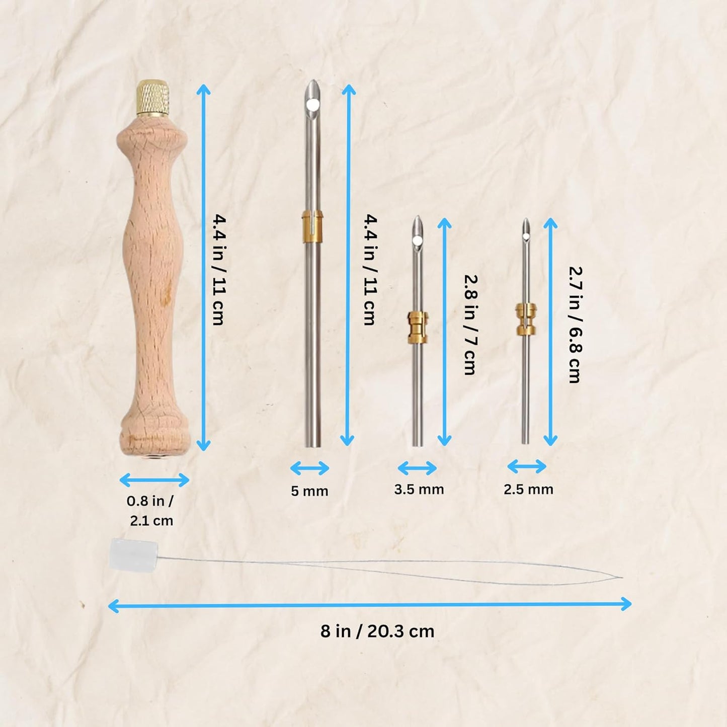 Ensemble d'aiguilles à poinçonner classiques en bois – 3 pointes d'aiguille + enfileur