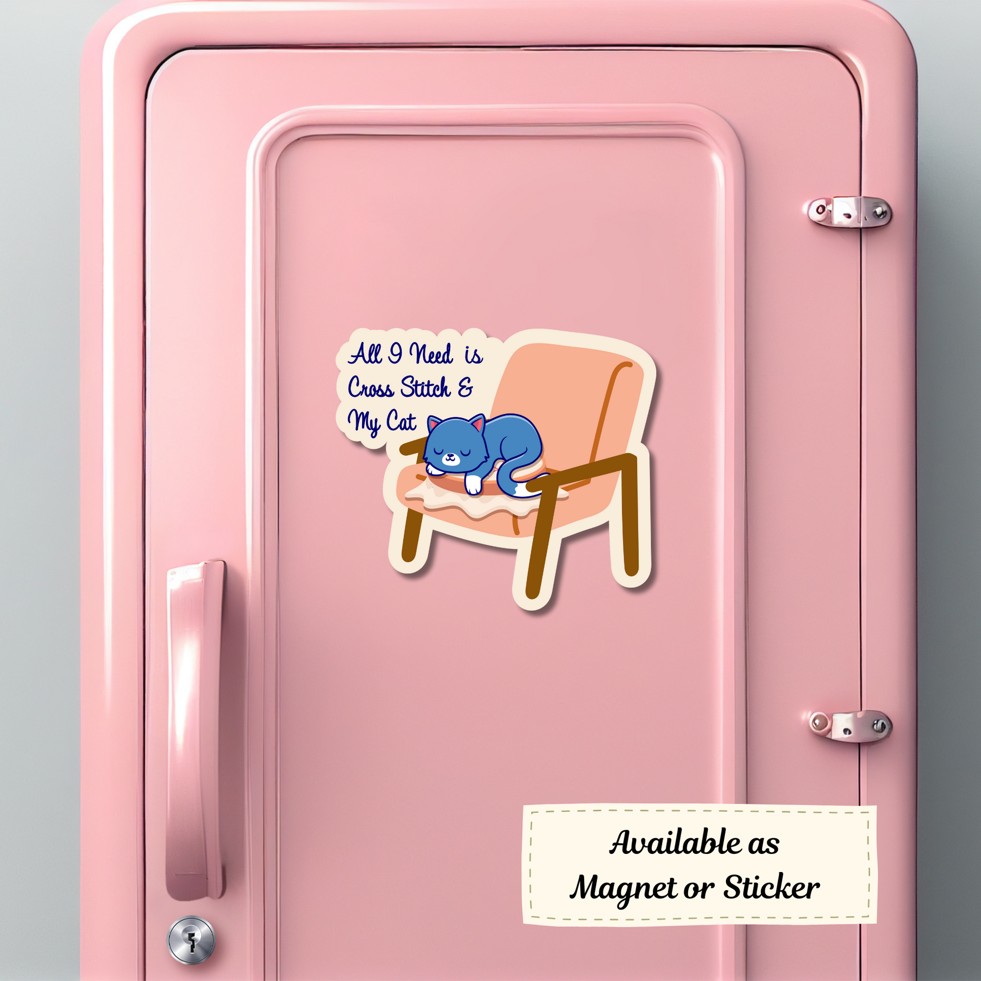 Magnet of cross stitch & cat design on a pink locker