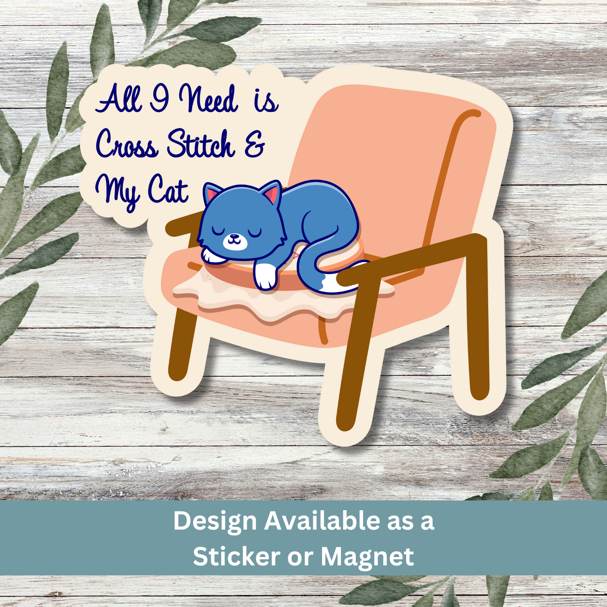 Sticker of cat and cross stitch design on whitewashed wood background