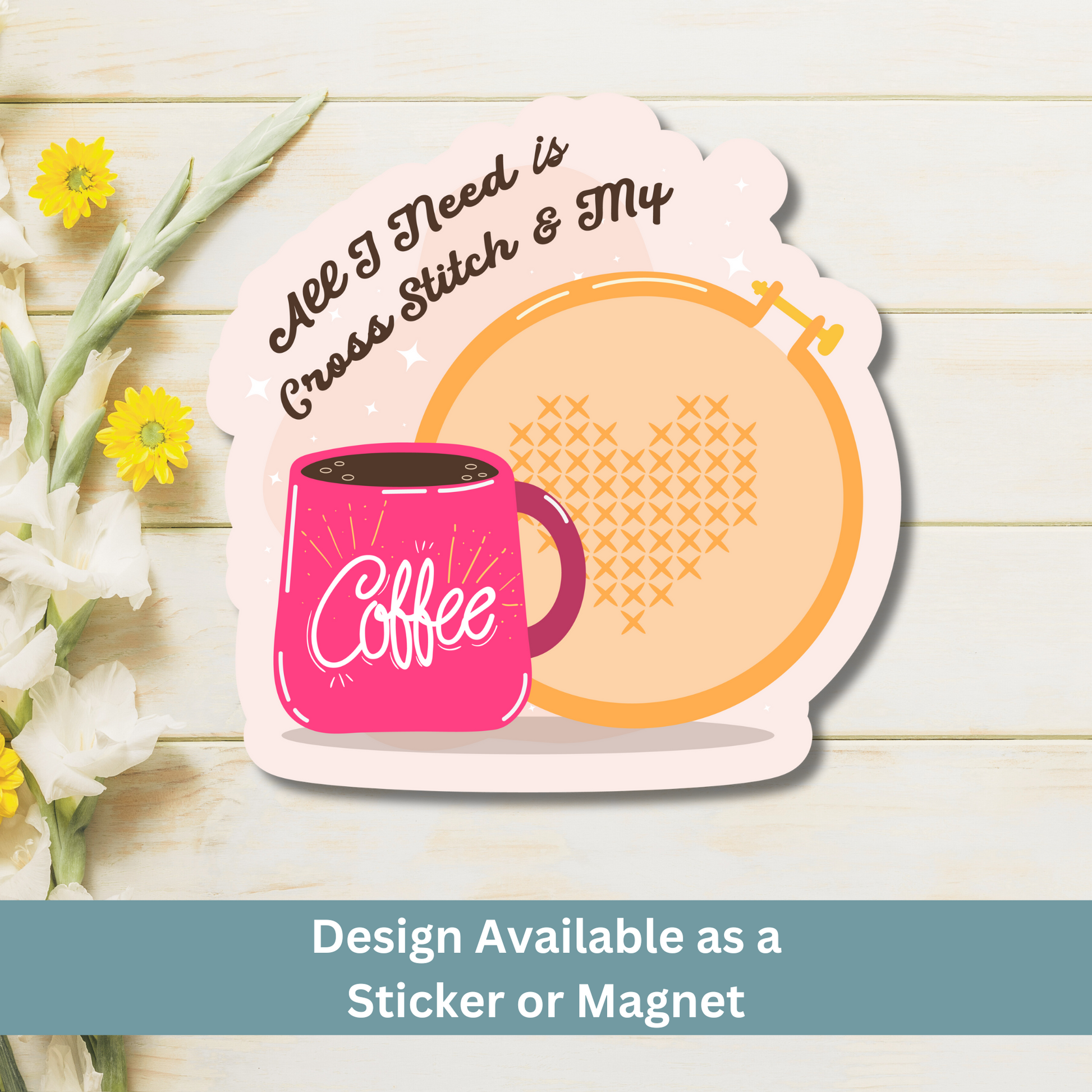 Magnet of cross-stitch heart and coffee cup flat lay on light wood background