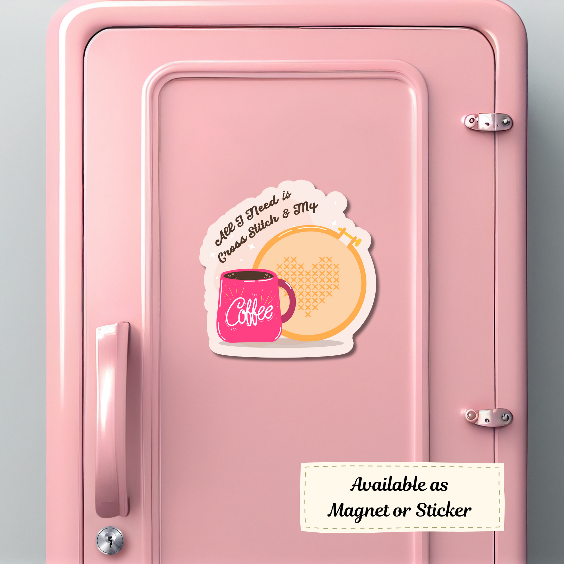  Magnet with cross-stitch and coffee design on a pink locker door, ideal for crafty storage vibes