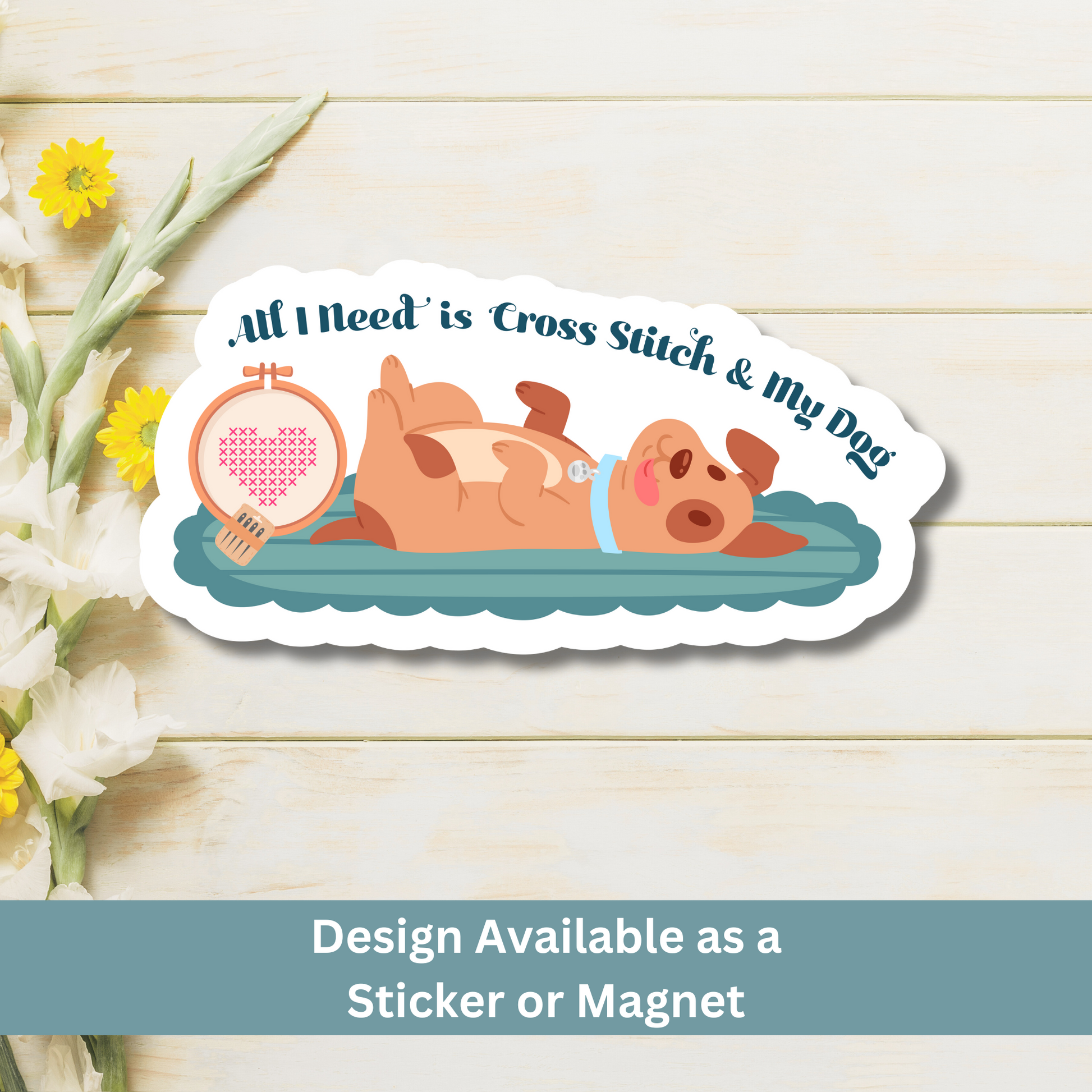 Magnet of dog and hoop design on wood flat lay