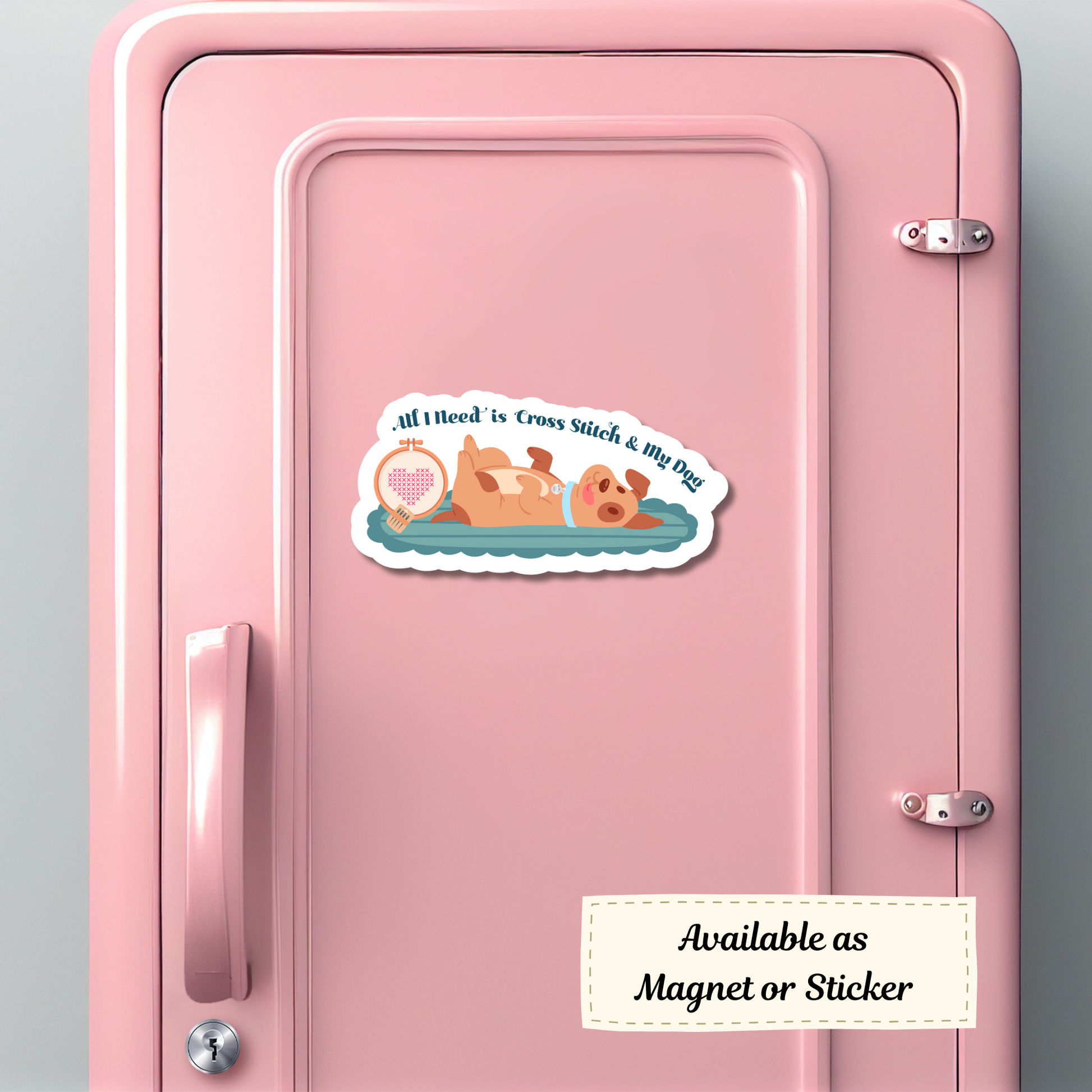 Magnet of cross stitch & dog design on pink locker