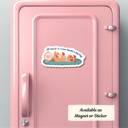 Magnet of cross stitch & dog design on pink locker