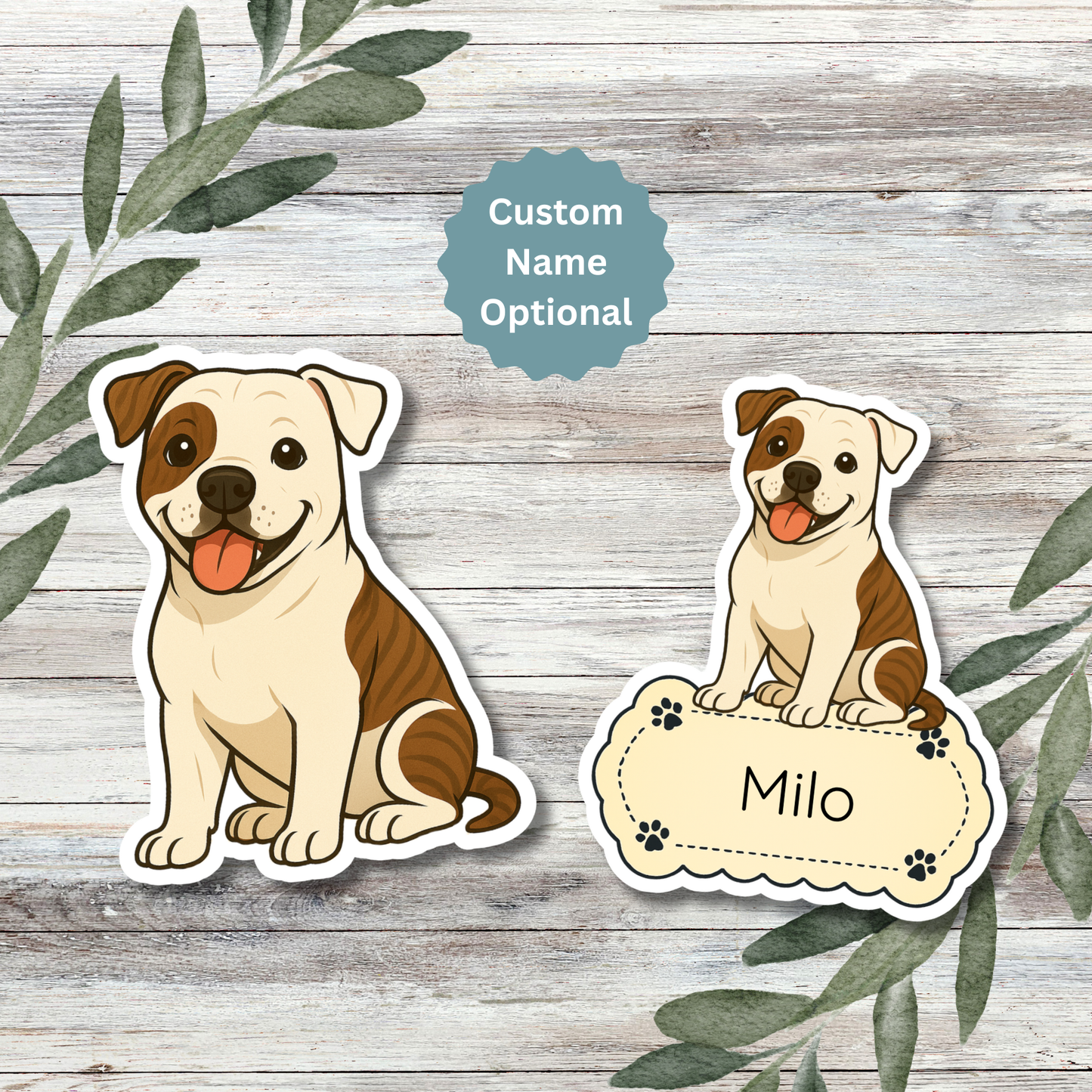 Custom American Bulldog Dog Sticker - White and Brindle Patches | Personalized with Name