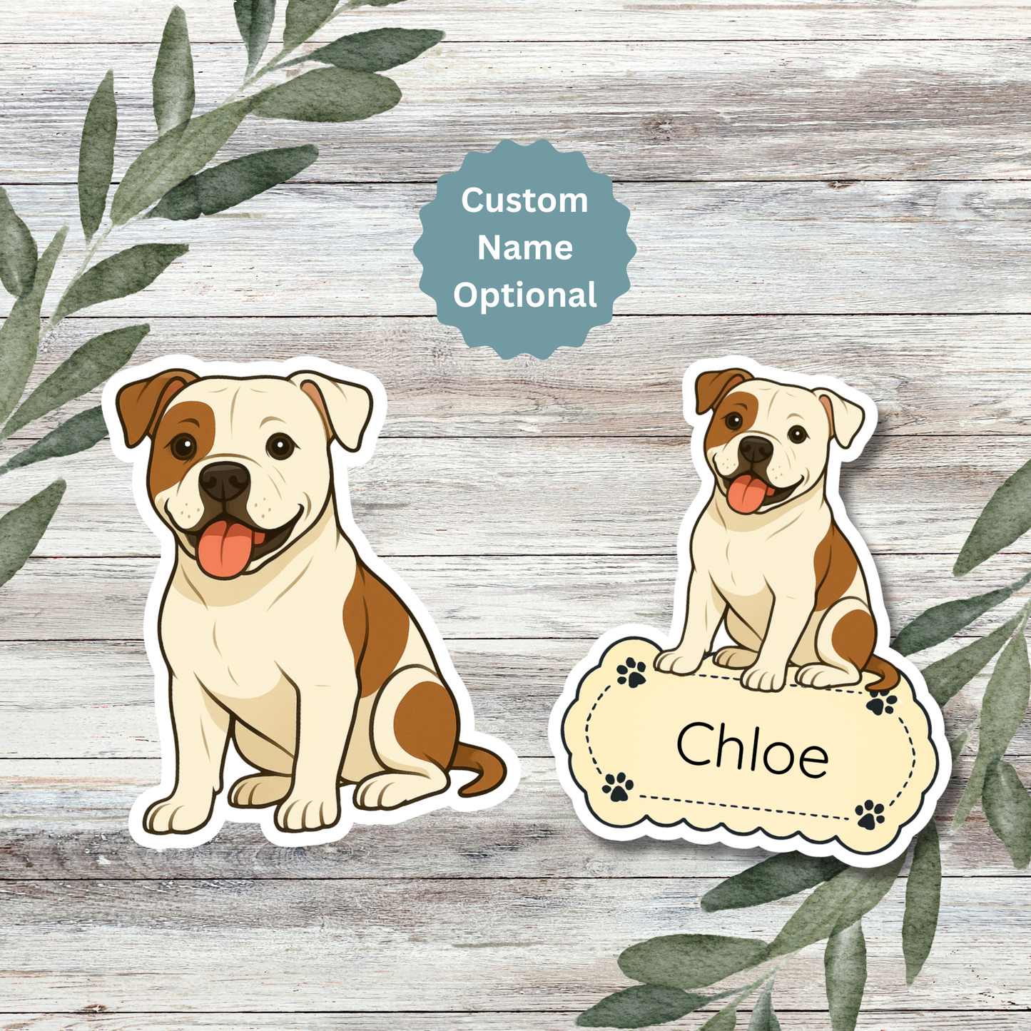 Custom American Bulldog Dog Sticker - White and Brown Patches | Personalized with Name