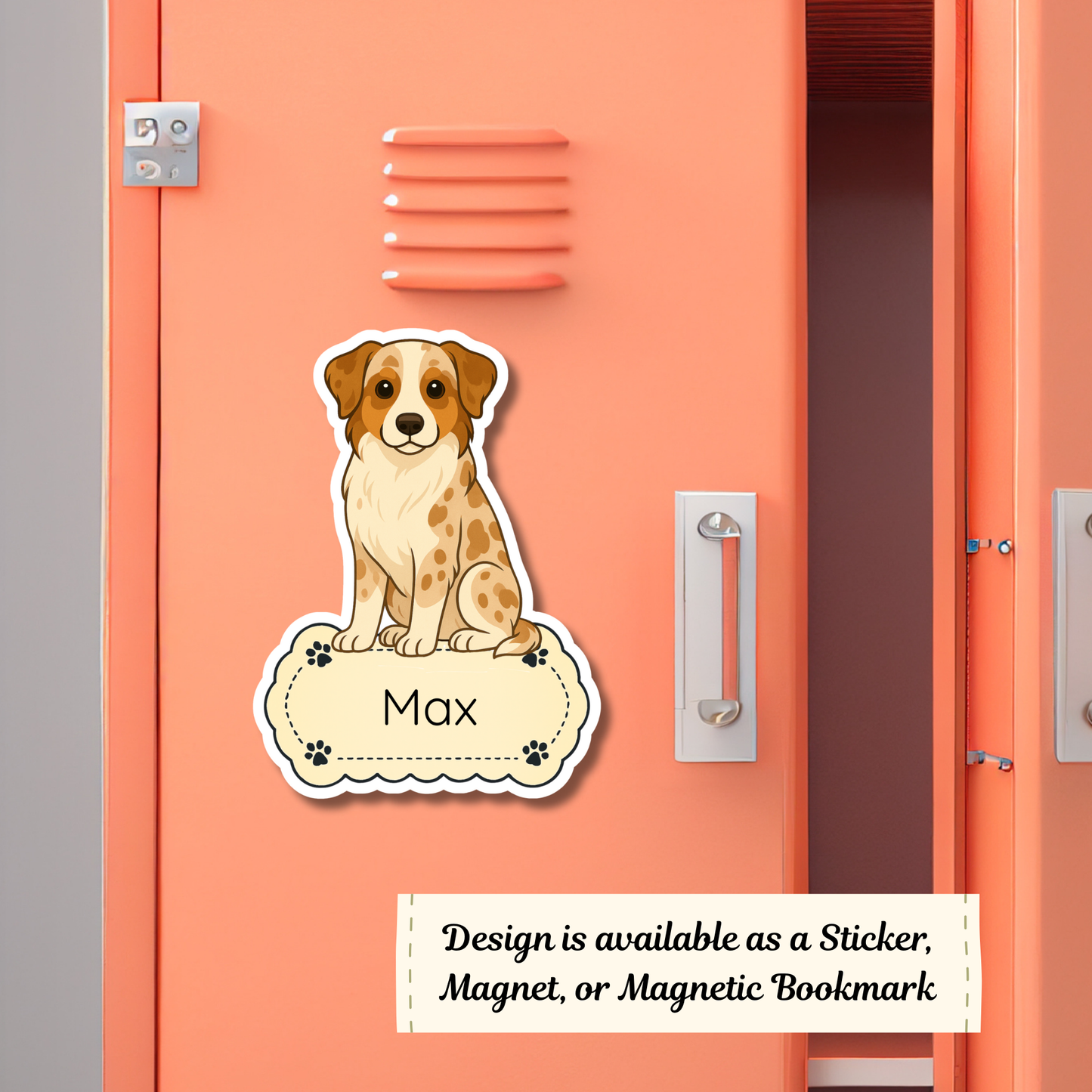 Dog-shaped name tag with 'Max' on a pink locker.