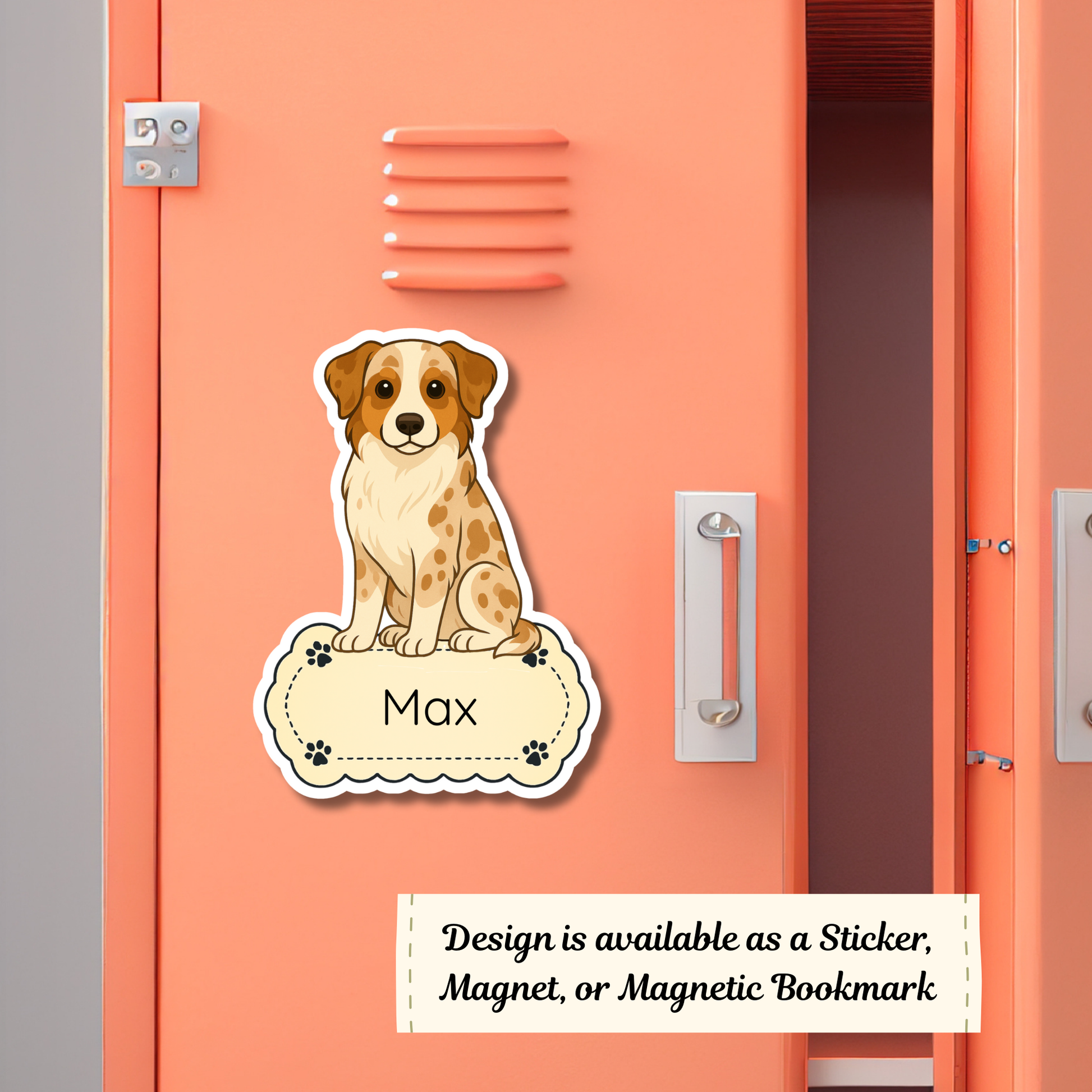 Dog-shaped name tag with 'Max' on a pink locker.