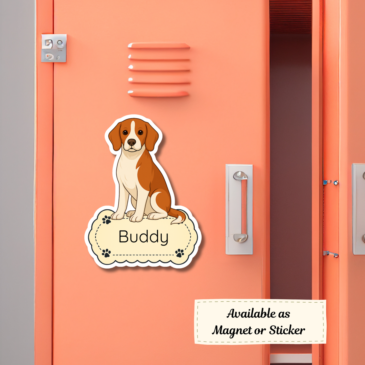 Aimant personnalisé pour chien Beagle - Rouge et blanc | Personnalisable avec le nom de l'animal