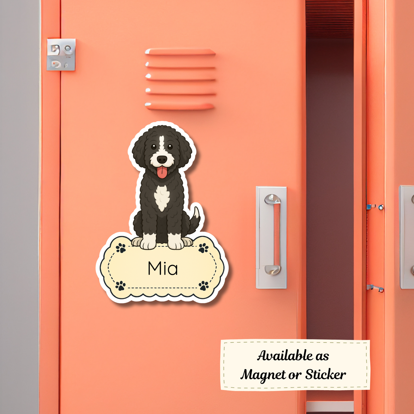 Aimant personnalisé Bernedoodle - Noir et blanc | Personnalisable avec le nom de l'animal