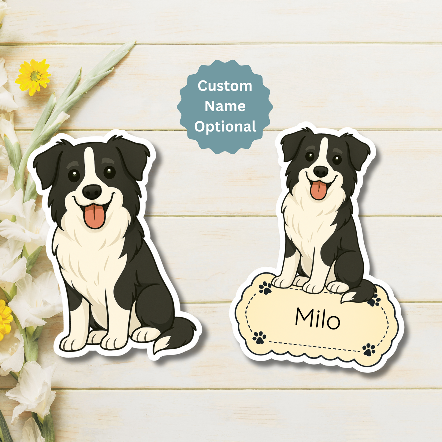 Aimant personnalisé pour chien Border Collie - Noir et blanc | Personnalisable avec le nom de l'animal