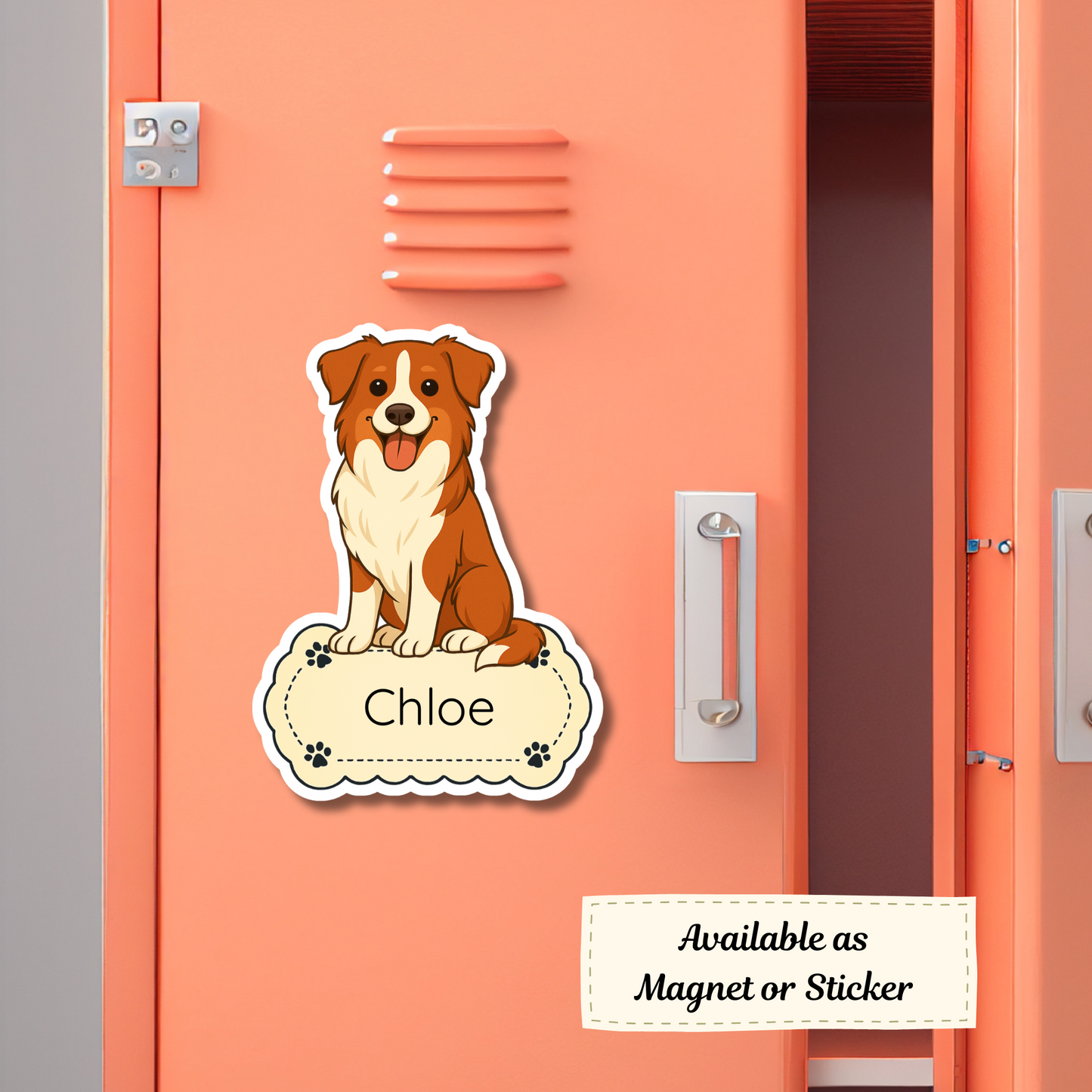 Aimant personnalisé pour chien Border Collie – Rouge et blanc | Personnalisable avec le nom de l'animal