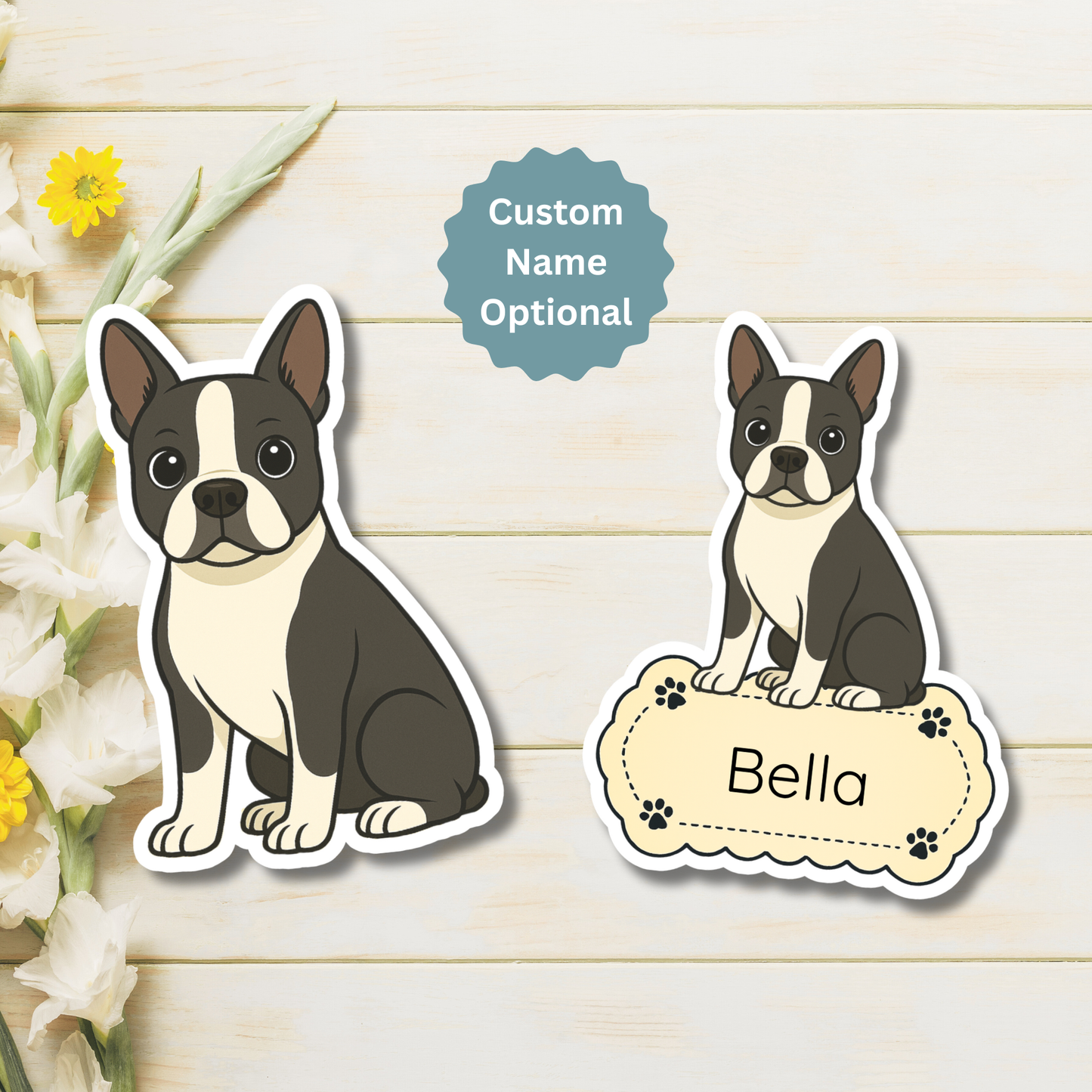 Aimant personnalisé Boston Terrier - Noir et blanc | Personnalisable avec le nom de l'animal
