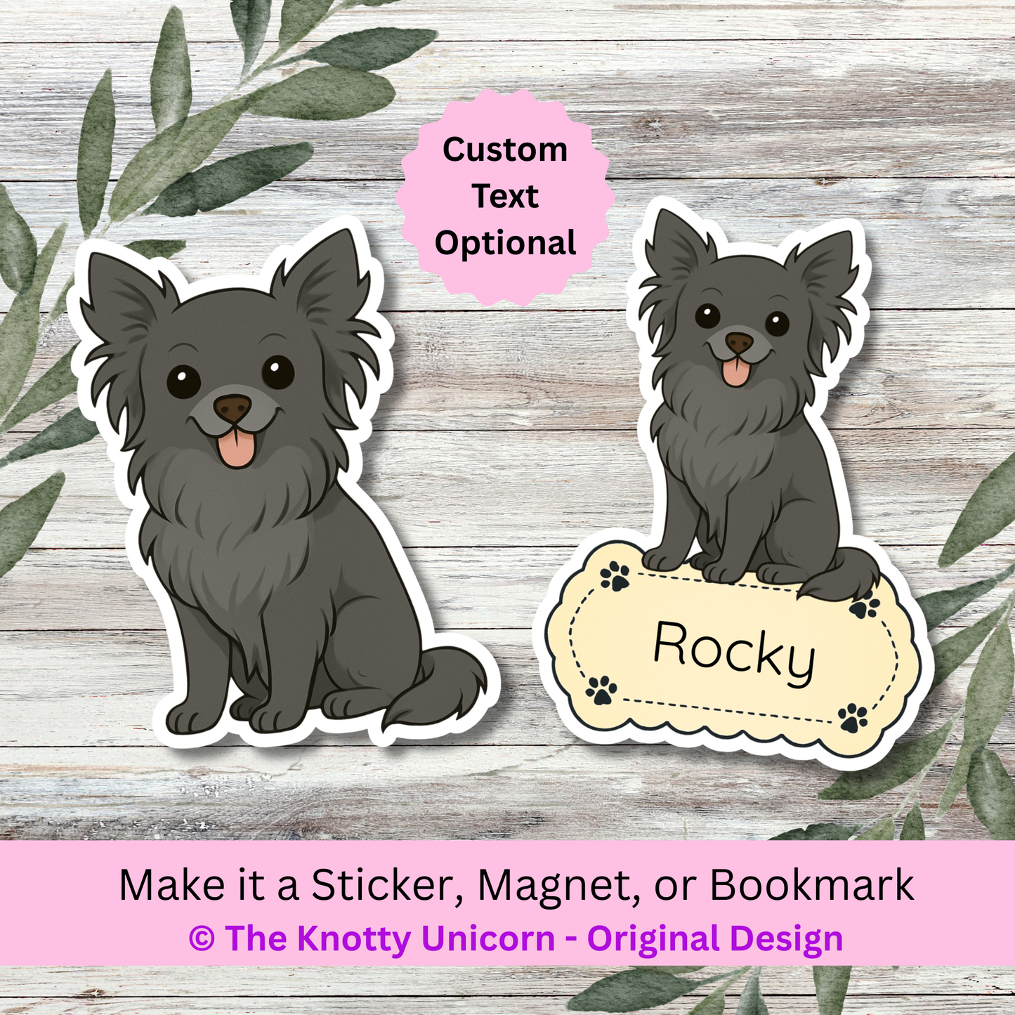 Autocollant personnalisé pour chien Chihuahua – Poil long noir | Personnalisable avec nom