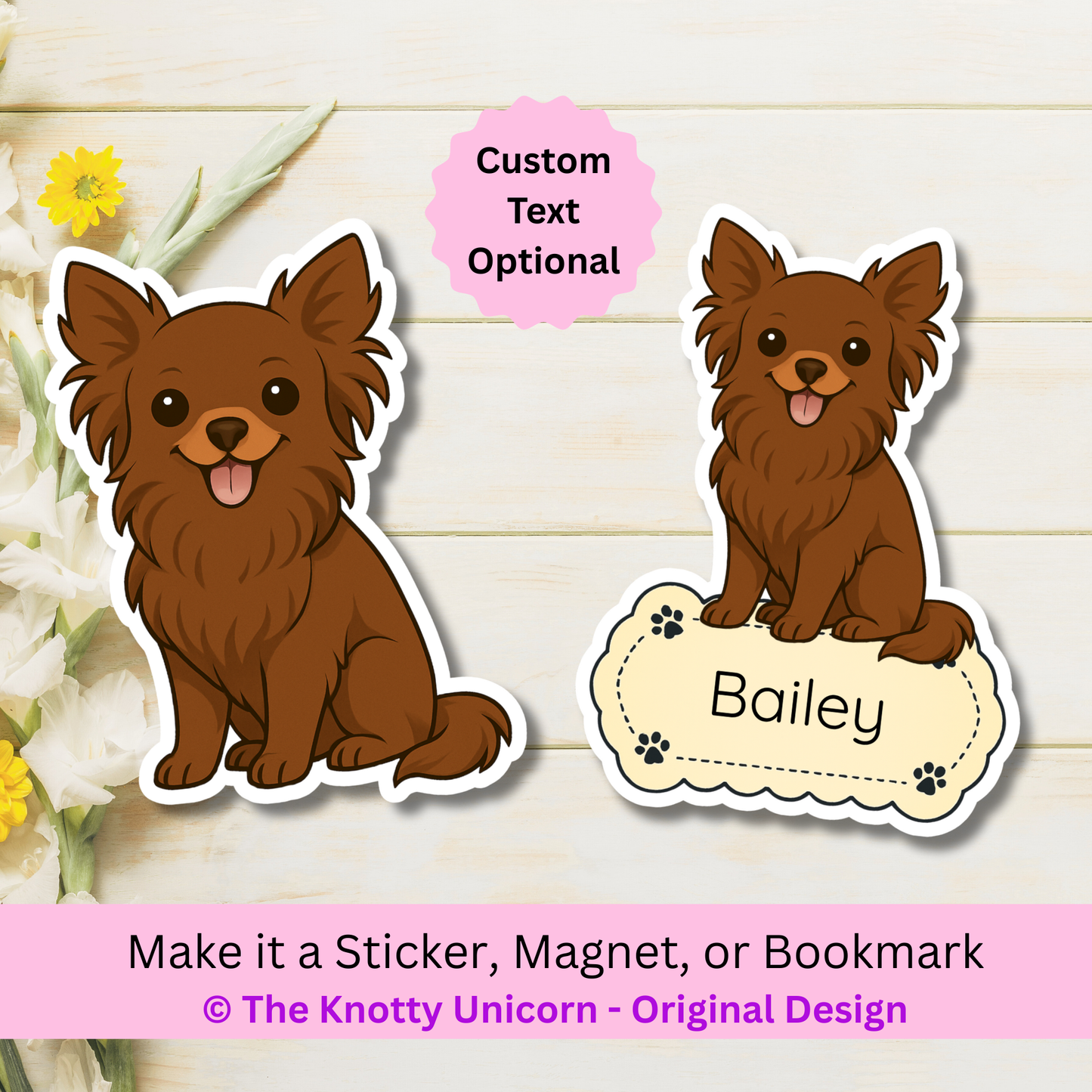 Custom Long Haired Chihuahua Dog Magnet / Bookmark - Chocolate