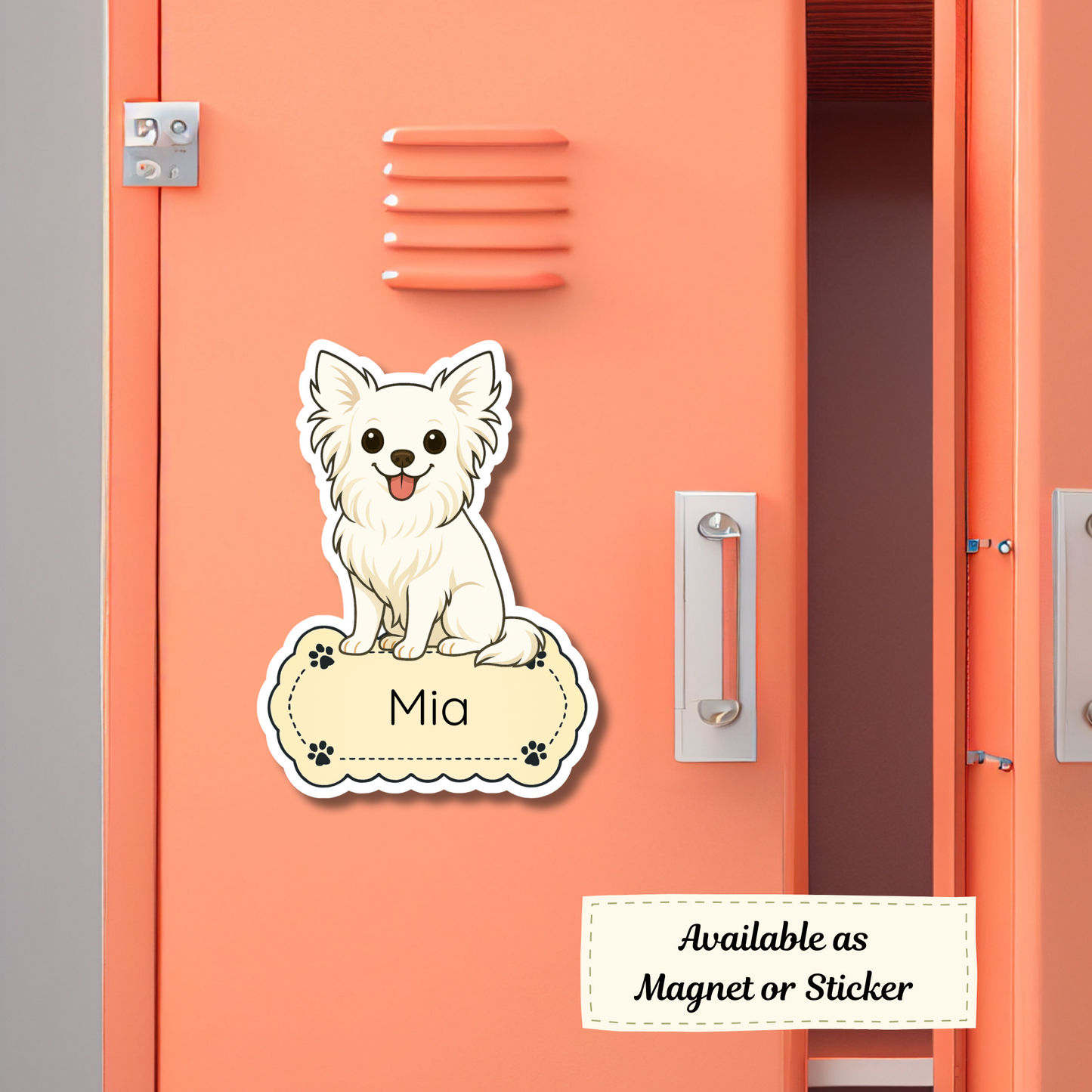 Custom Chihuahua Dog Magnet - Long Haired White | Personalized with Pet Name