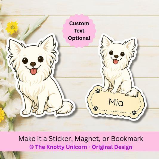 Custom Long Haired Chihuahua Dog Magnet / Bookmark - White