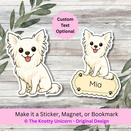 Autocollant personnalisé pour chien Chihuahua – Poil long blanc | Personnalisable avec nom