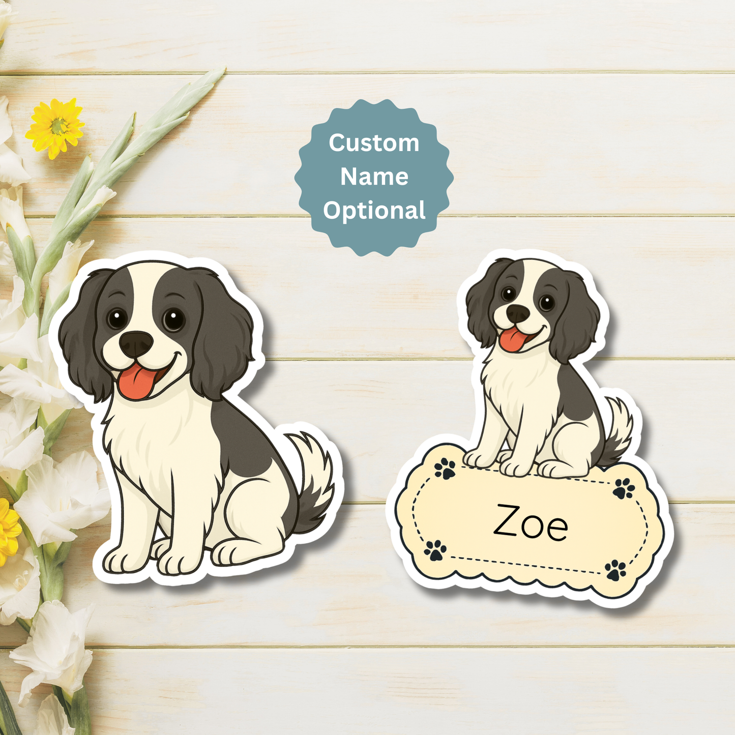 Aimant personnalisé pour chien cockalier - Noir et blanc | Personnalisable avec le nom de l'animal