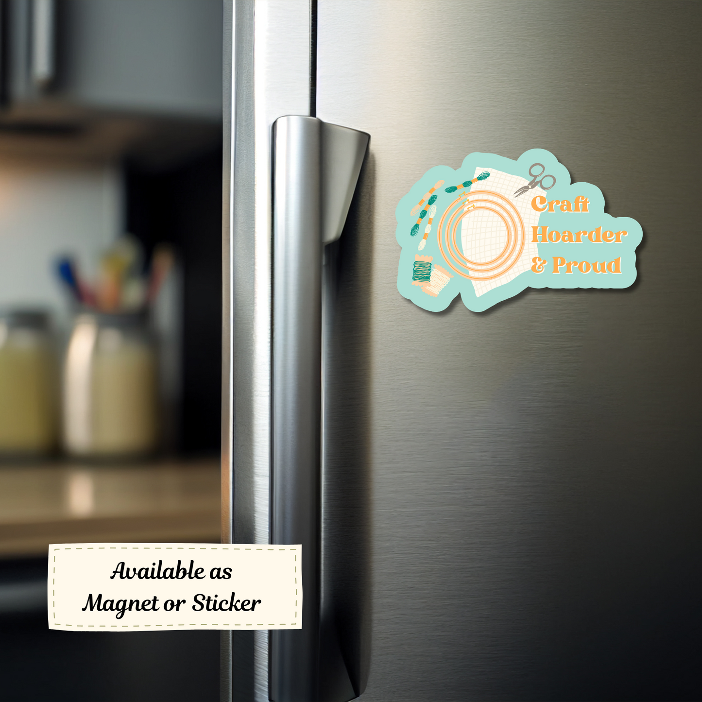 Magnet on fridge with floss and scissors nearby.