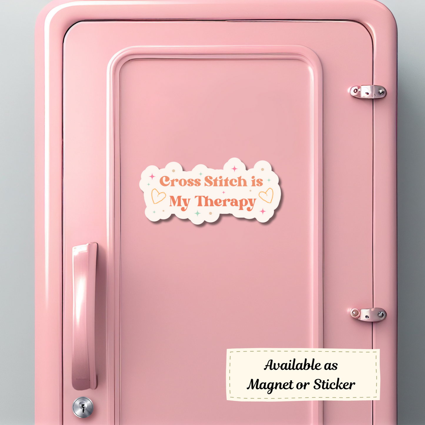 Cross-stitch therapy saying on pink locker magnet, ideal for stitchers