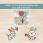 Collection of three cross-stitch greeting card designs featuring a floating cat, playful dog, and happy bunny.