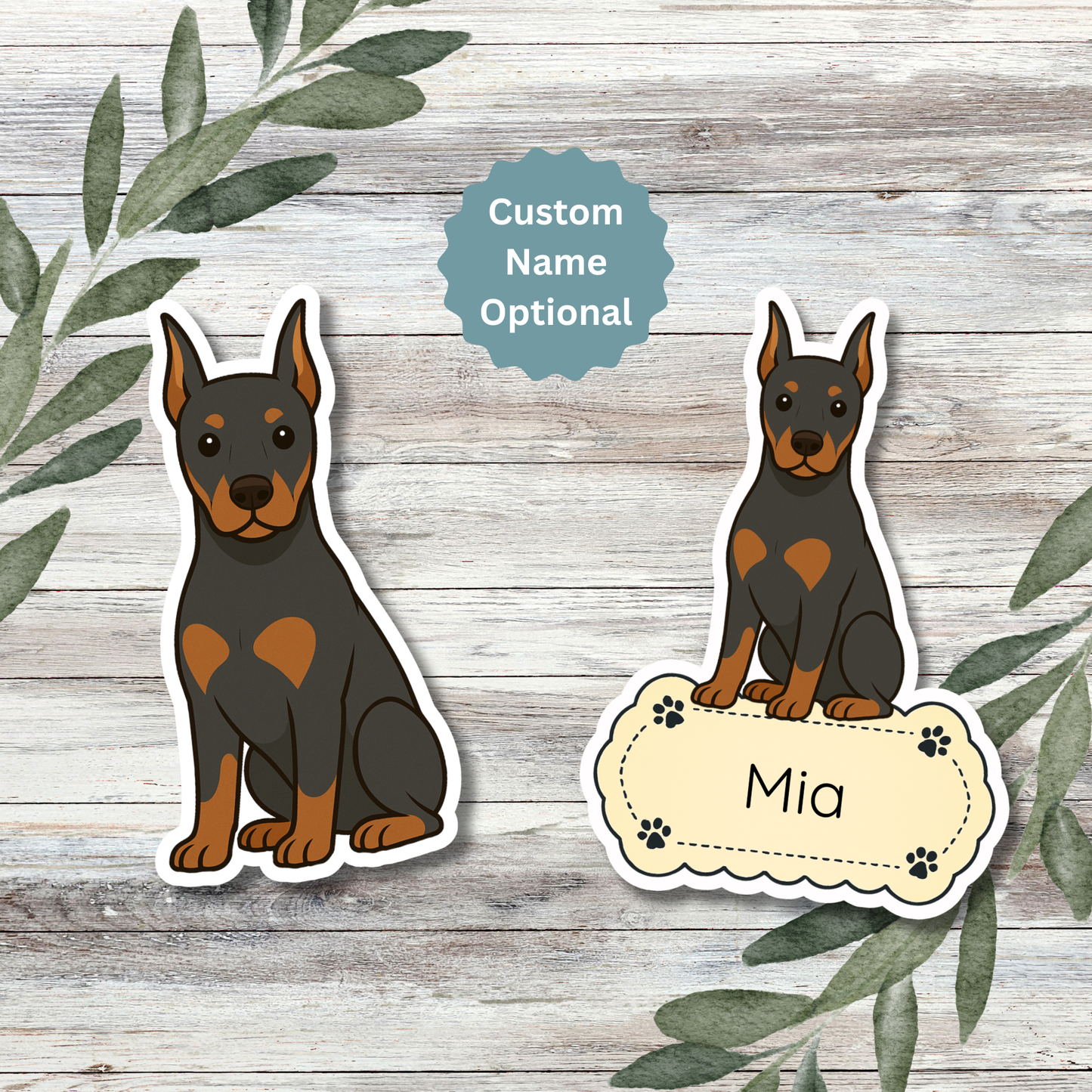 Custom Doberman Pinscher Dog Sticker - Cropped Ears Black and Rust | Personalized with Name