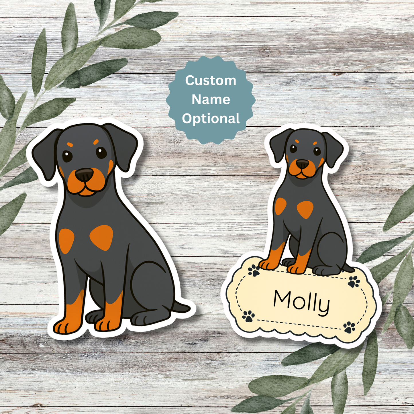 Custom Doberman Pinscher Dog Sticker - Natural Ears Black and Rust | Personalized with Name