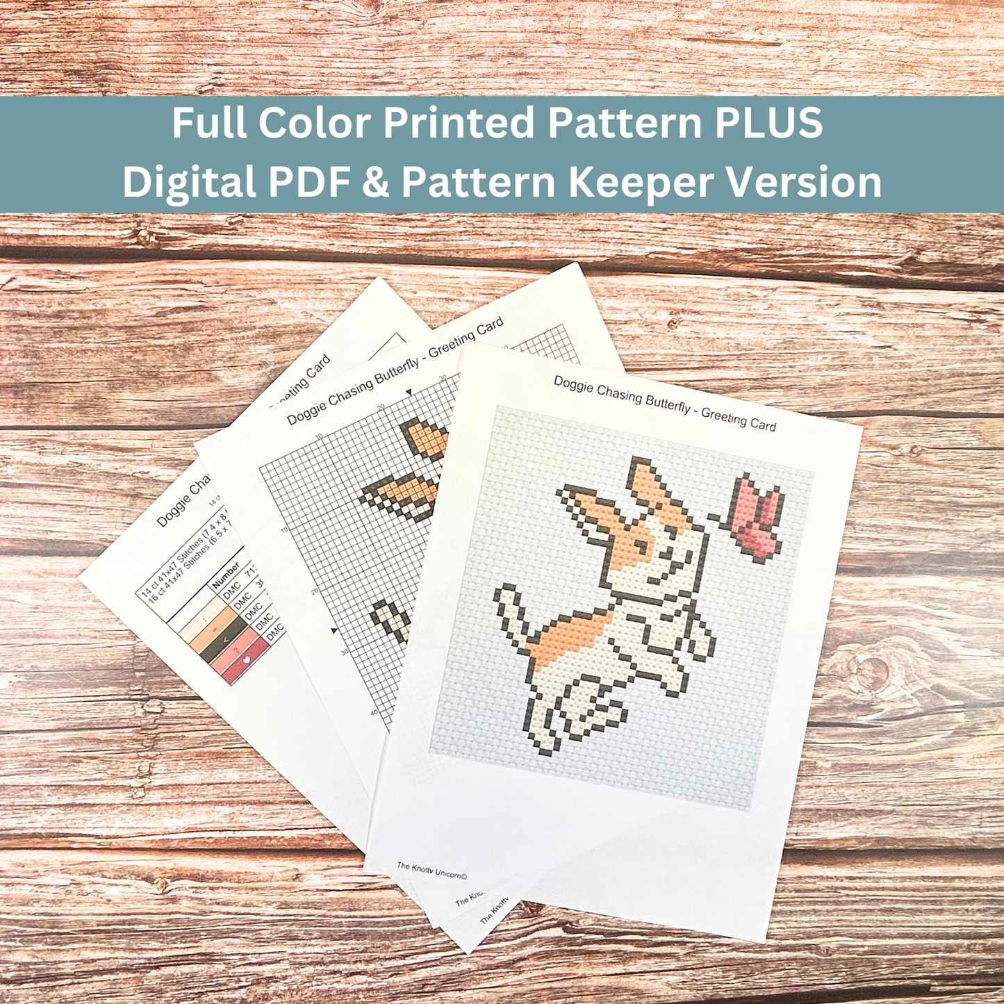 Printed cross-stitch pattern sheets for a dog and butterfly design, including a color key and stitch guide.