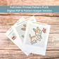 Printed cross-stitch pattern sheets for a dog and butterfly design, including a color key and stitch guide.