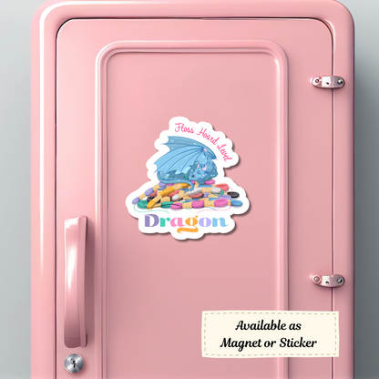 A locker door displaying a fun "Floss Hoard Level Dragon" magnet