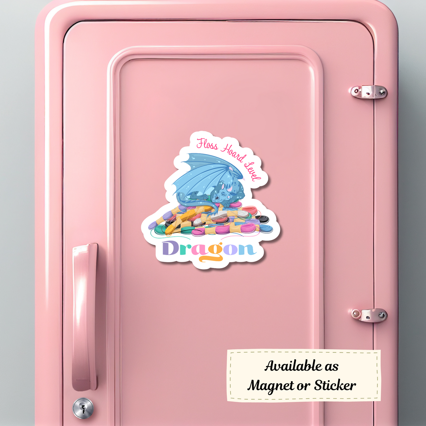 A locker door displaying a fun "Floss Hoard Level Dragon" magnet