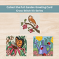 Collection of three garden-themed cross-stitch greeting card designs featuring a bird on a branch, butterfly on flowers, and watering can with ladybugs.