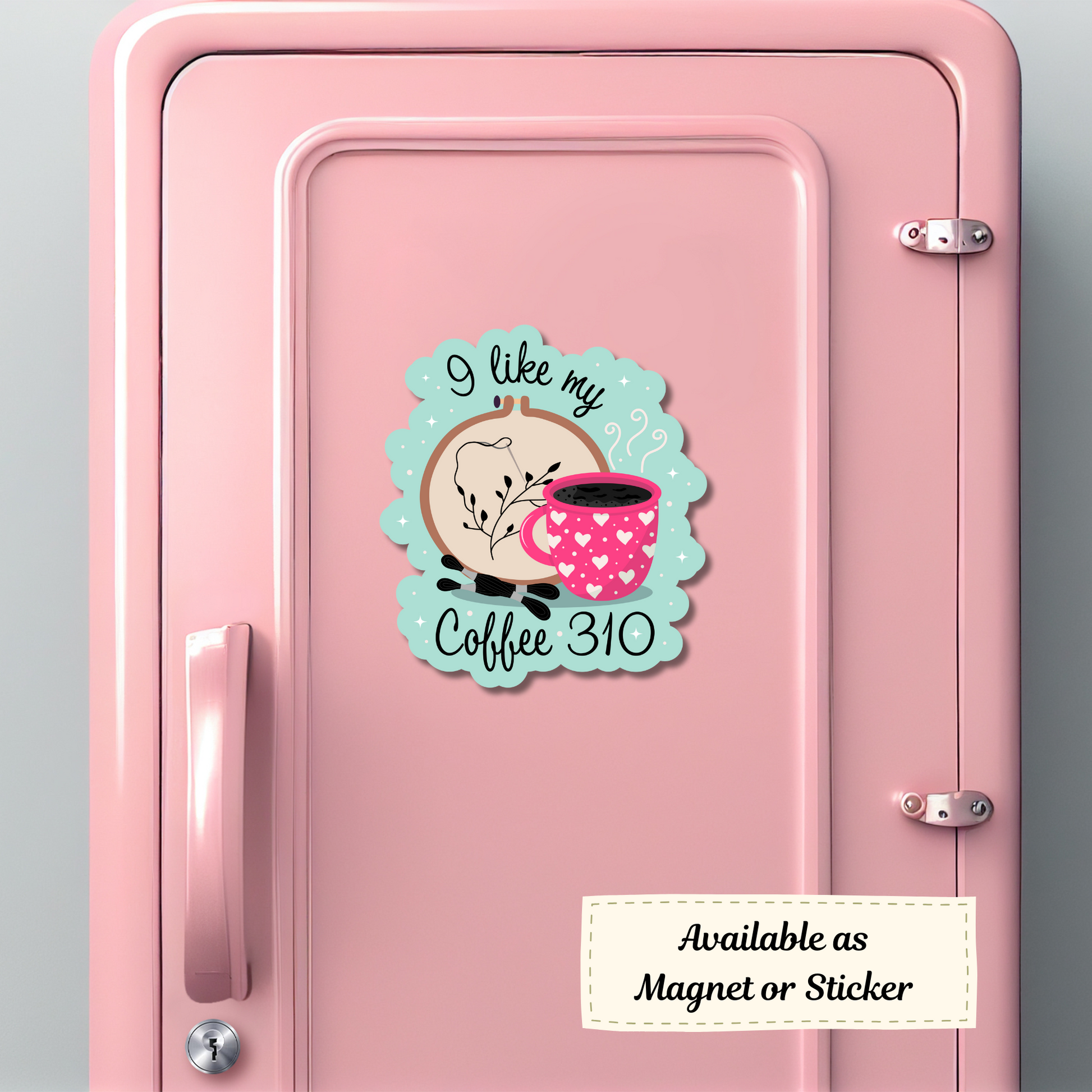 ‘I Like My Coffee 310’ magnet mock-up on pink school locker, featuring cross stitch and mug design