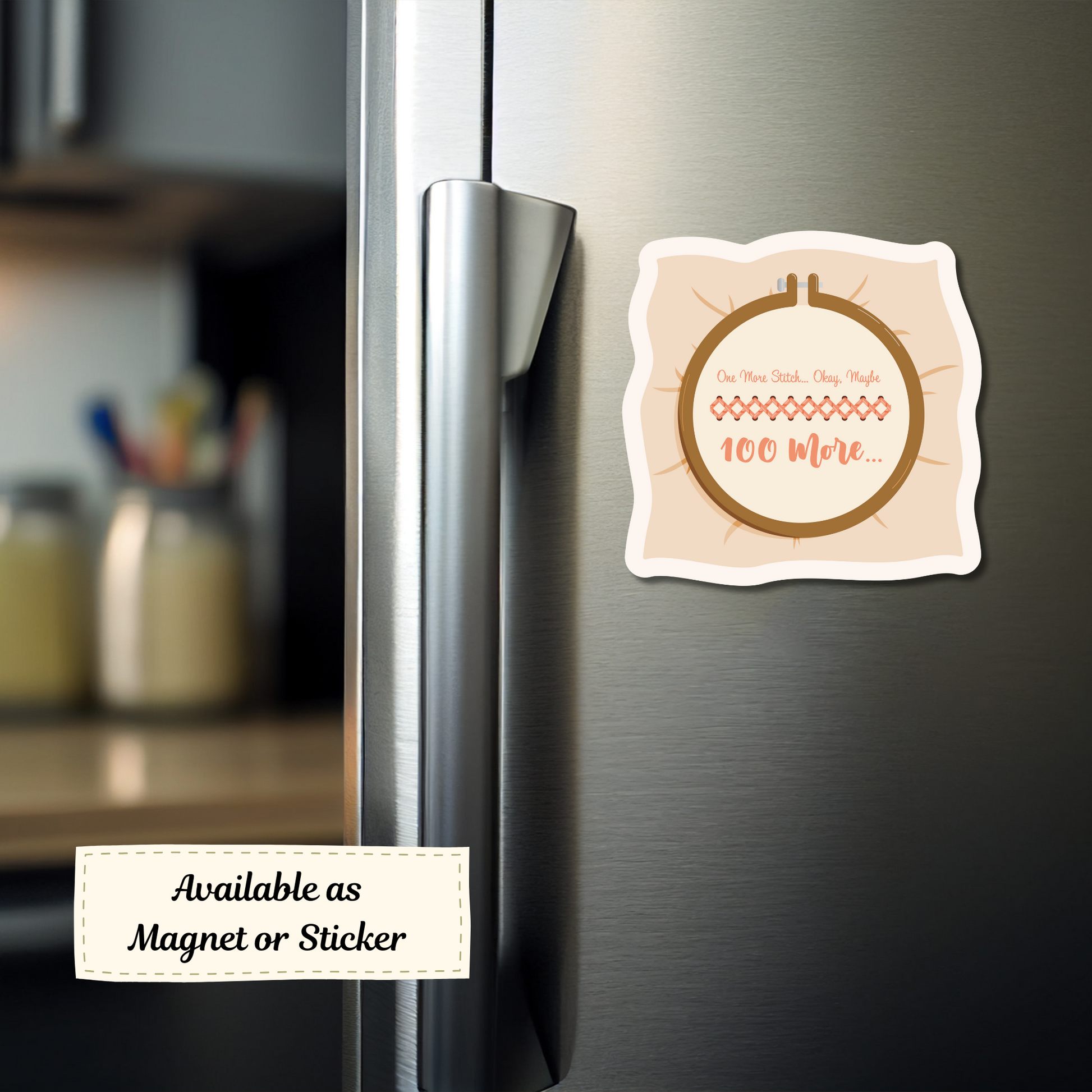 Witty hoop magnet shown on a fridge door beside a shopping list.