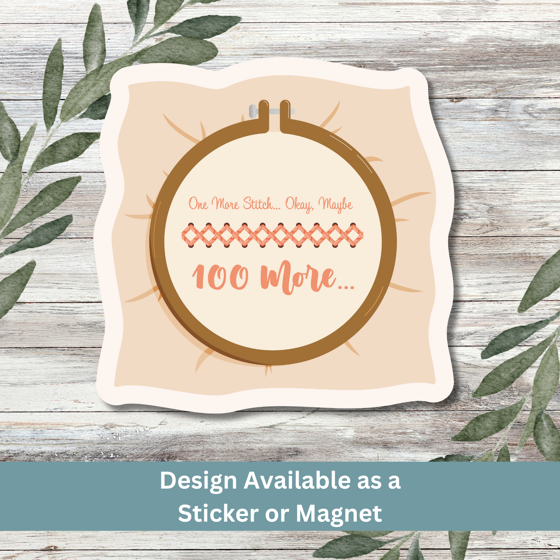 Sticker placed on a whitewashed plank surface.