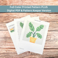 Printed cross-stitch pattern sheets for a leafy houseplant design, including a color key and stitch guide.
