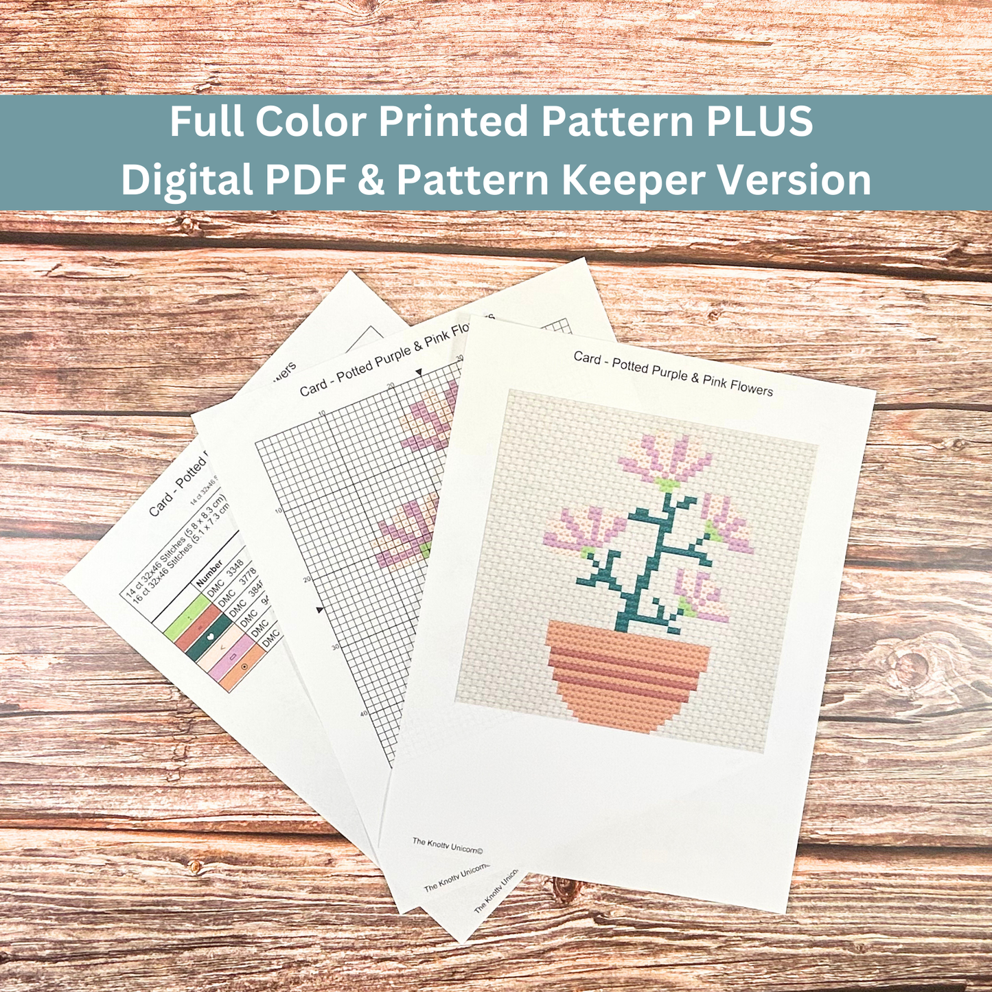 Printed cross-stitch pattern sheets for a lighthouse design, including a color key and stitch guide.