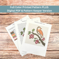 Printed cross-stitch pattern sheets for a bird on a branch design, including a color key and stitch guide.