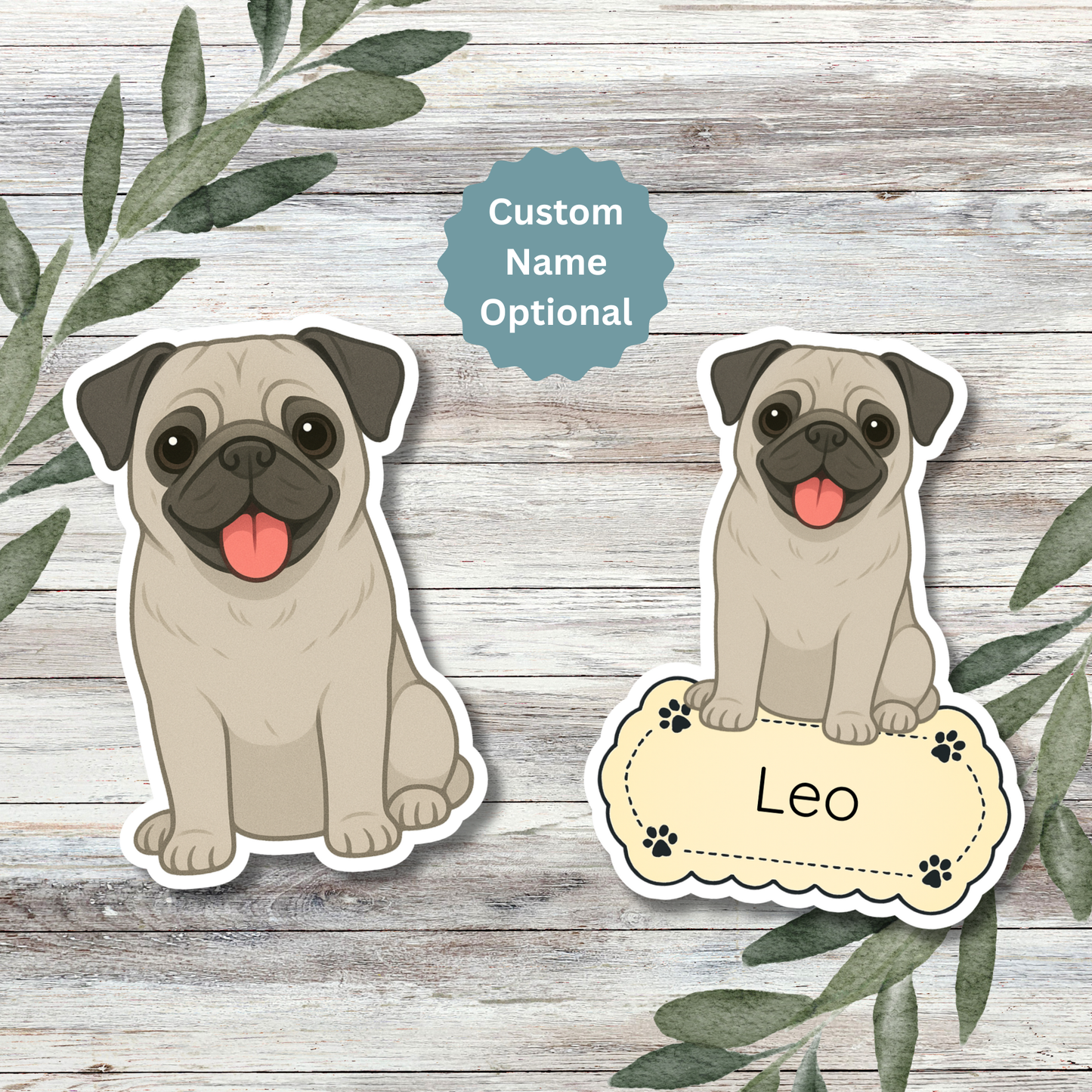 Custom Pug Dog Sticker - Silver Fawn | Personalized with Name