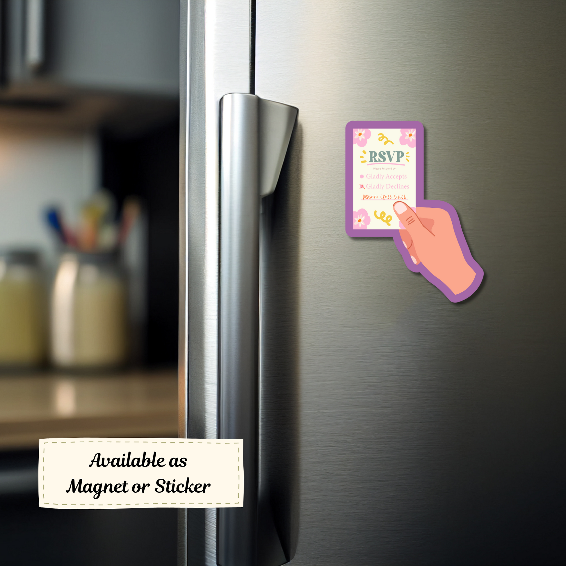 RSVP magnet displayed on a refrigerator door with craft items in view.