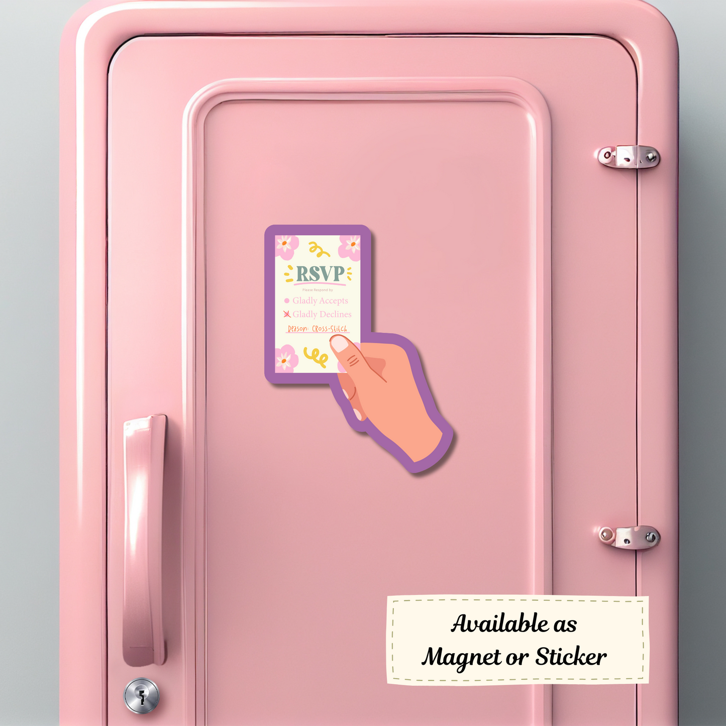 Magnet attached to a locker, showing quirky "declines" design.